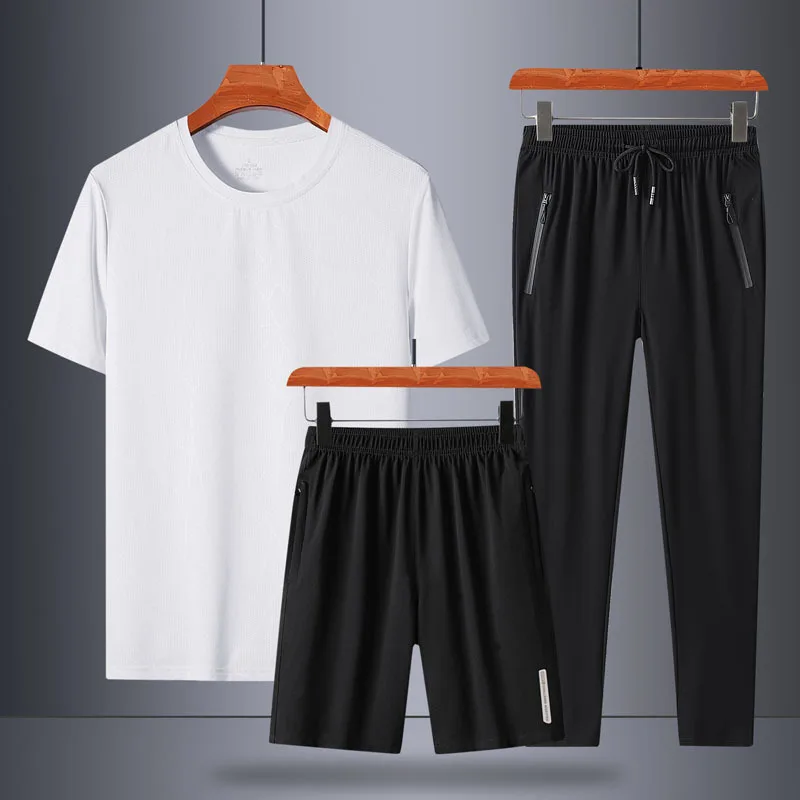 2023 Summer New Ice Silk Clothing Men's Solid Short Sleeve Tshirt+Sports Short Sleeve+Sports Pants Three Piece Set Men Clothing