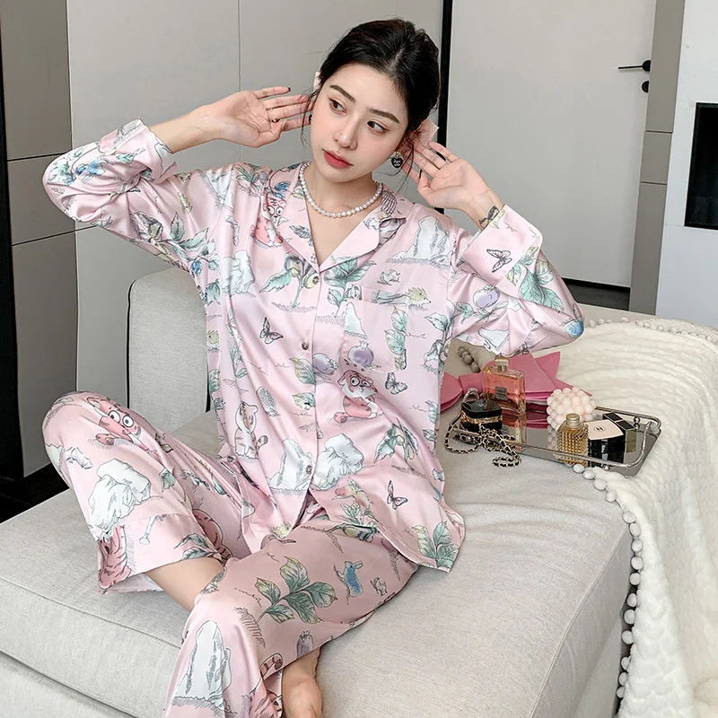 New Spring Summer Ladies Faux Silk Pajama Sets Sexy Homewear Clothes Women's Casual Luxury Pajamas Thin Female Sleepwear Set