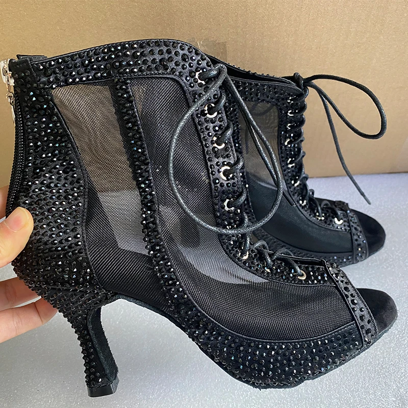 Dance Booties Styles in Different Heels 7cm 8cm 9cm Black Satin Rhinestones Latin Ballroom Dance Shoes For Girls Indoor Outdoor