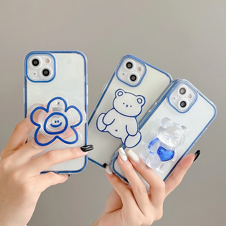 

Чехол для телефона iPhone 13 с милым улыбающимся медведем для iPhone 12 11 Pro Max XR XSMax, прозрачный градиентный мягкий чехол из ТПУ с подставкой