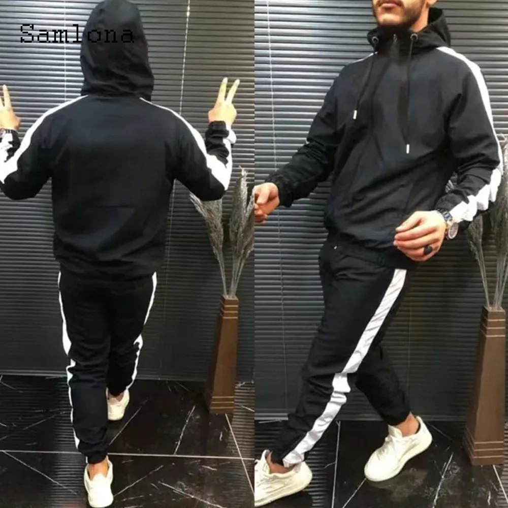 

Samlona 2022 Autumn Tracksuit set Mens Long-sleeves Hoodies And Elast Pants Sets Men Fashion Stripes Two Piece Sportwear Outfits