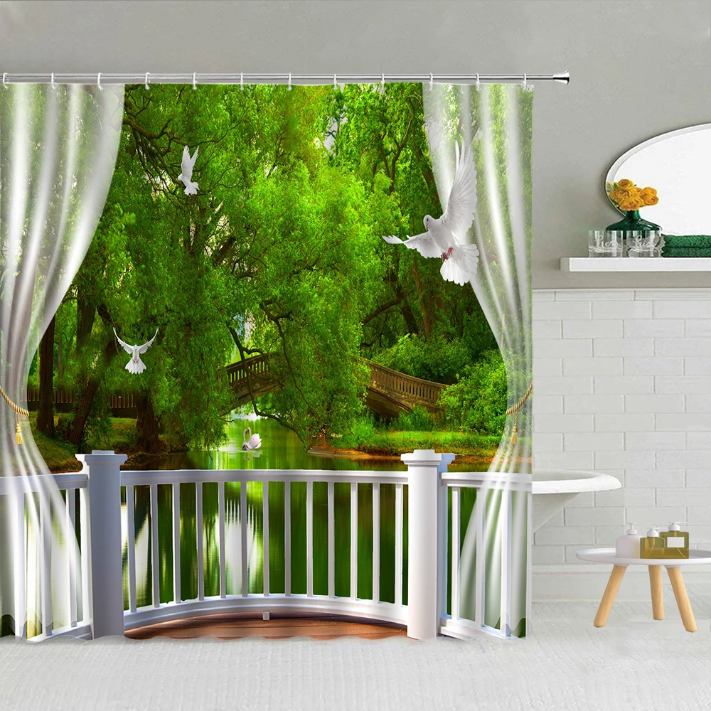

Bamboo Forest Flower Waterfall White Pigeon Shower Curtain Bathroom Supplies Fabric High Quality With Hooks Natural Landscape