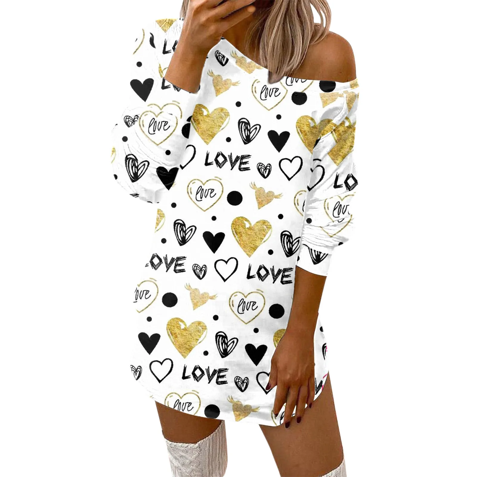 

Ladies Casual Valentine's Day Dress Fashion Comfortable Love Heart Printed Dresses Women Long Sleeve Party Dress