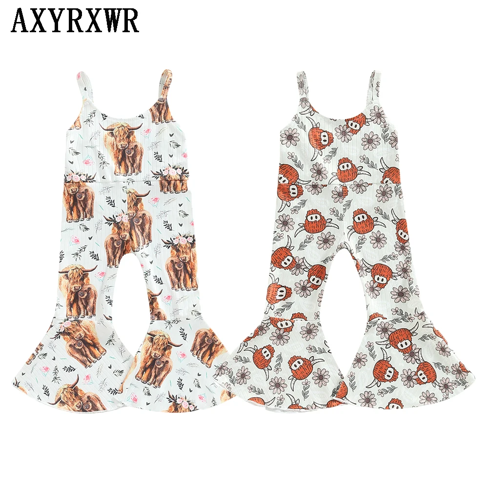 

Fashion Summer Toddler Kids Girls Pants 1-6Years Cow Floral Print Sleeveless O-neck Jumpsuits Playsuits Flare Long Pants Clothes