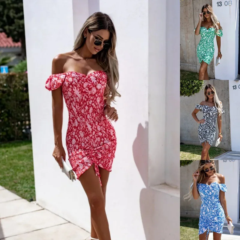 

2022 summer sexy one-shoulder printed V-neck dress strapless backless tight hip short skirt women's fashion nightclub