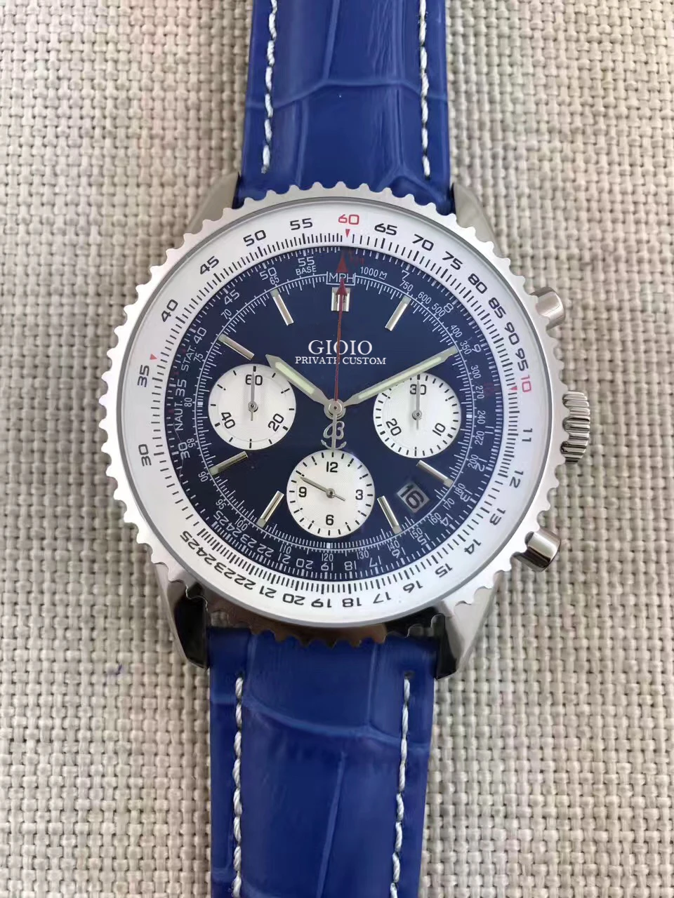 

Men quartz chronograph watch Black Blue Leather
