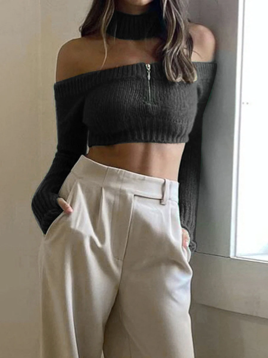 

Женский Короткий трикотажный свитер с длинным рукавом и открытыми плечами