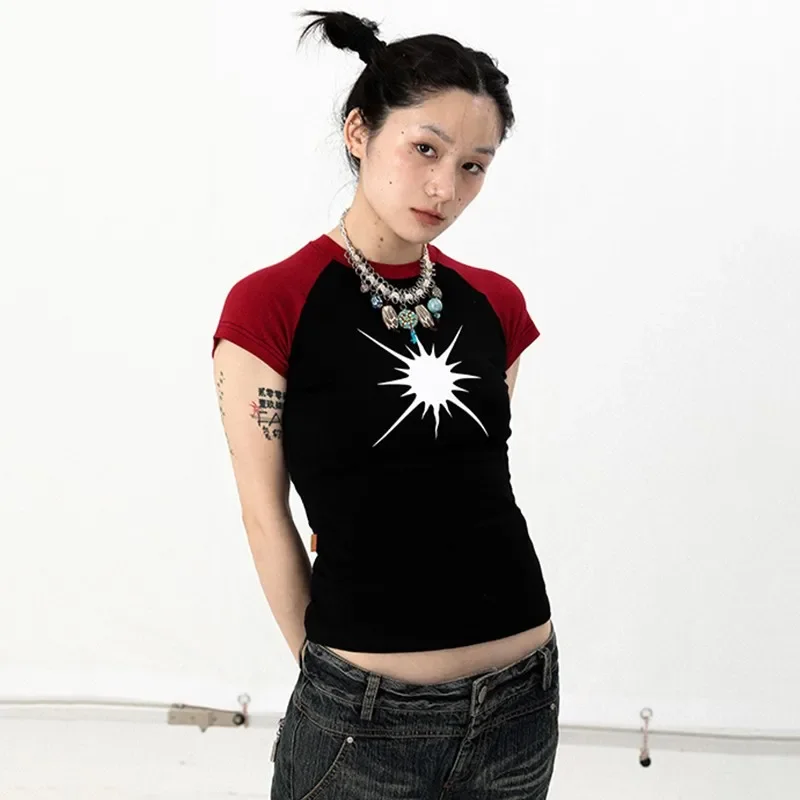 Karrram гранж пэчворк футболка винтажная корейская мода с коротким рукавом чай