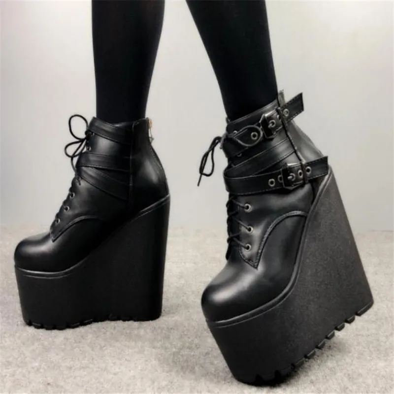 

Ботильоны на танкетке женские, резиновая подошва, на платформе, со шнуровкой, каблук 16 см, белые черные, осень