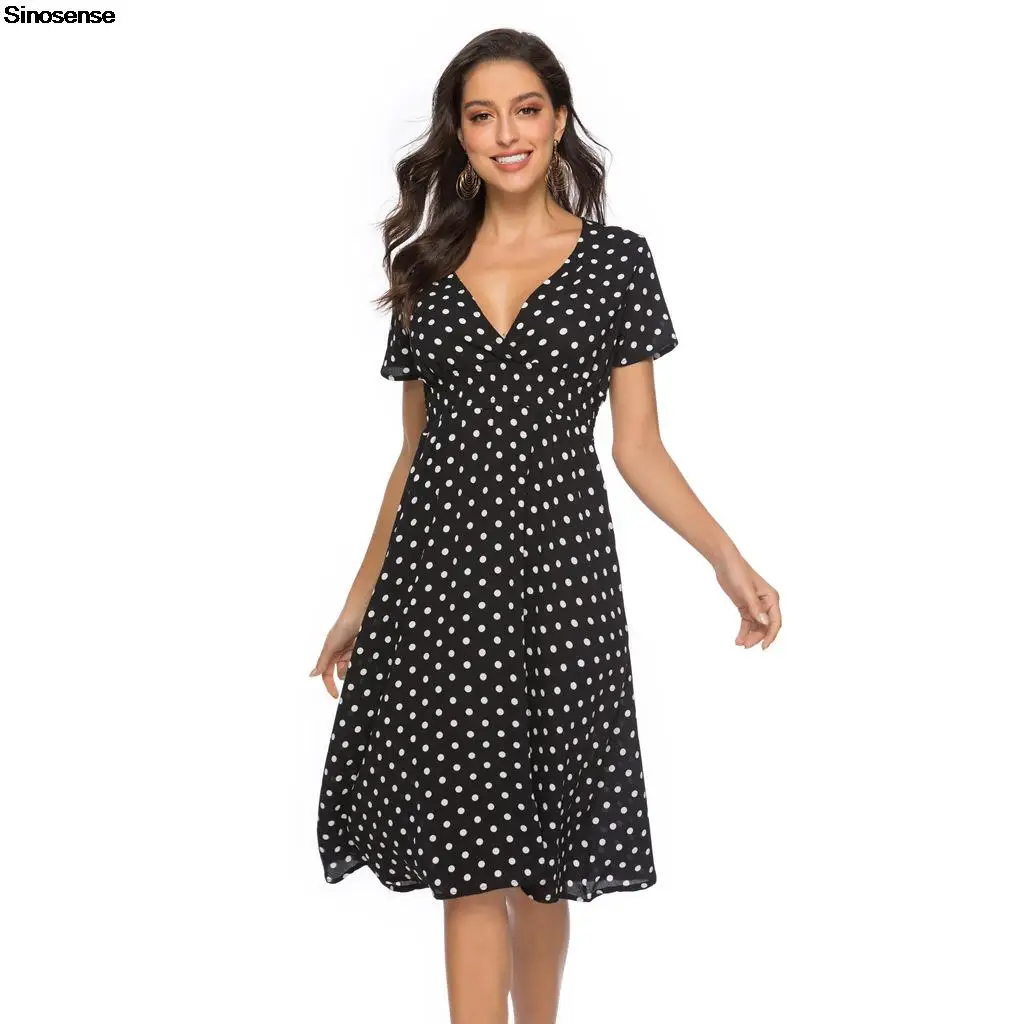 

Women Summer Bohemian Polka Dot Casual V Neck A-Line Swing Midi Sun Dress 2022 Elastic Waist Chiffon Beach Party Maxi Dress