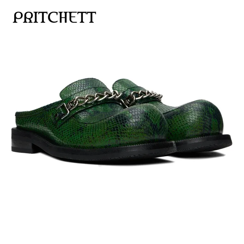 Green Snake Pattern Classic Big Toe Slippers Metal Chain Buckle Decorative Baotou Slippers Square Root Casual Men's Shoes