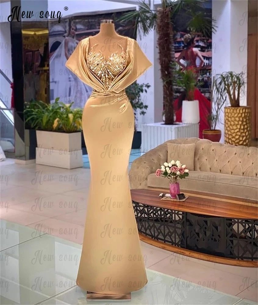 

Women Plus Size Champagne Evening Dress Beaded Neck Mermaid Prom Gowns Arabic Vestidos De Fiesta Engagement Dress