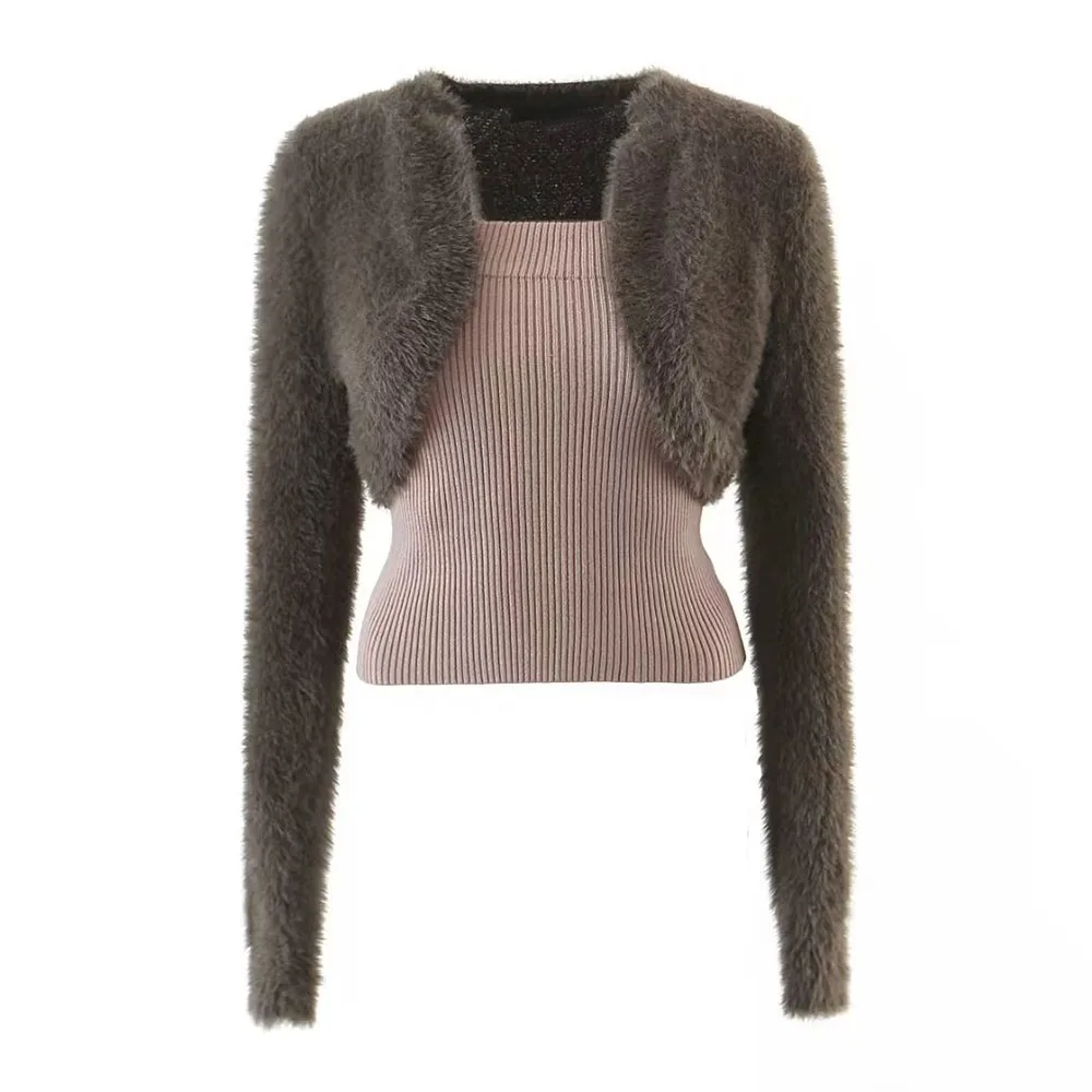

2022 autumn new women's fashion sexy long-sleeved waistcoat strap tube top knitted two-piece set