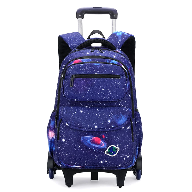 Рюкзак на колесиках для мальчиков, детский прочный чемодан на колесиках с принтом звездного неба, школьная сумка-тележка