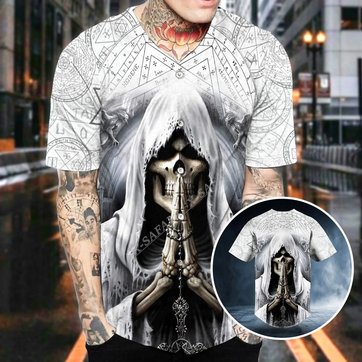 

Футболка мужская бейсбольная с 3D-принтом черепа мрачного Жнеца молитвы Санта-мертвец, уличная одежда с коротким рукавом в стиле хип-хоп