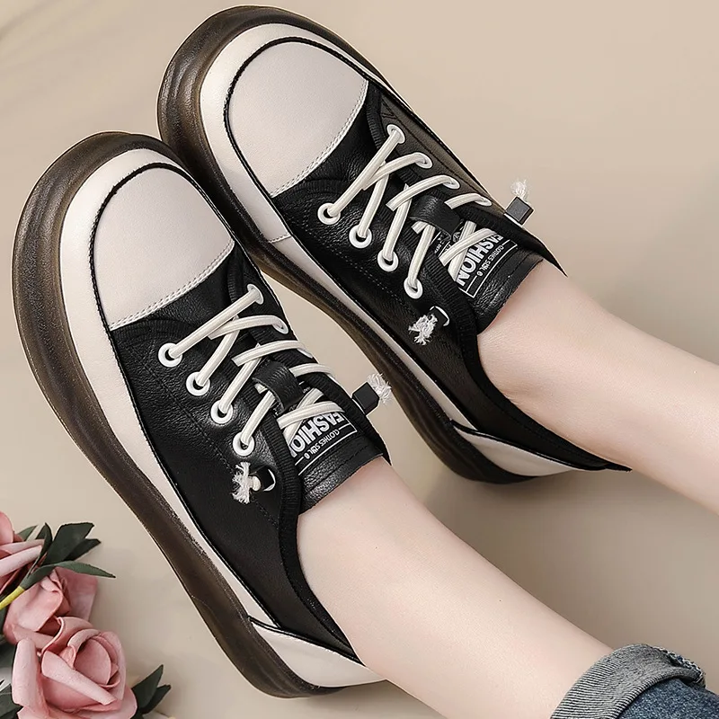 CICIYANG Genuine Leather Women Spring Flats Shoes 2023 New Lace-up White Shoes Casual Soft Sole Loafers Ladies Sneakers Handmade