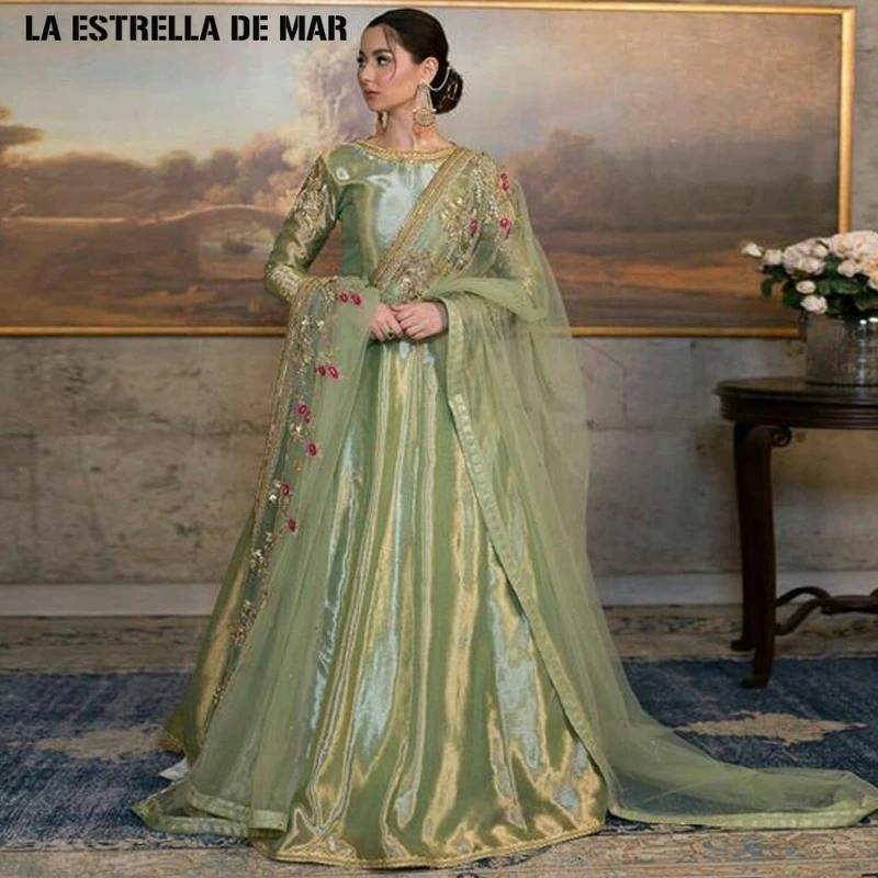 

caftan marocain de mariage green organza Beading muslim evening dress long sleeves lavish prom gowns for women indian robe karak
