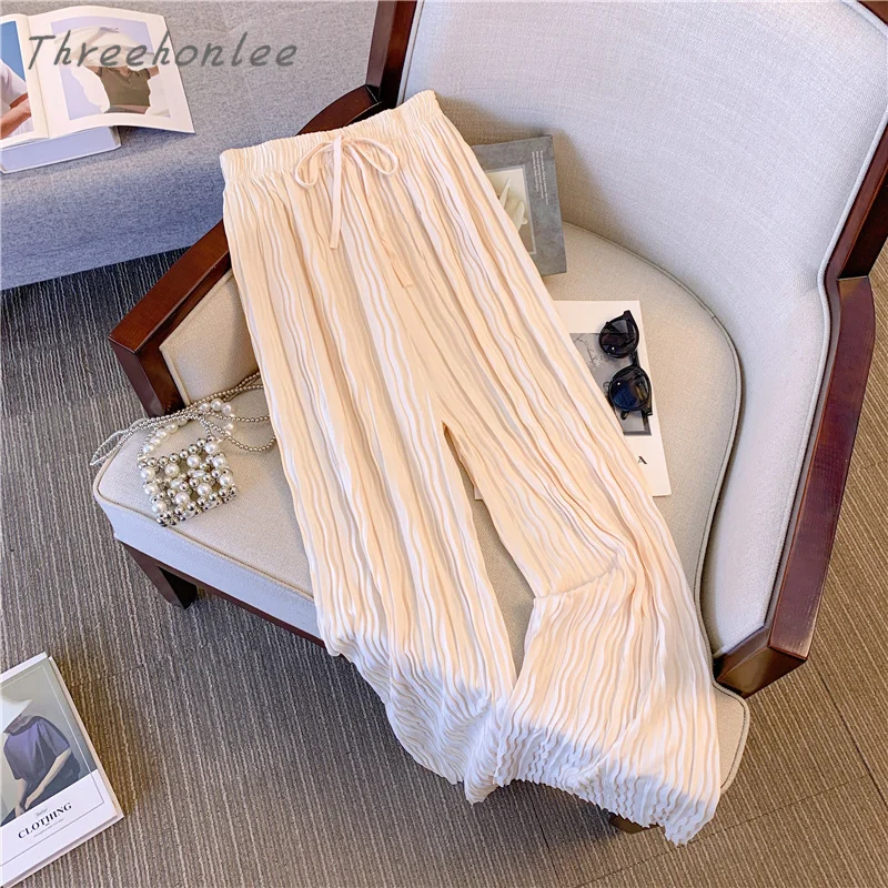 

Ice Silk High Waist Hanging Feeling Pleated Mopping Trousers Casual Apricot Straight Wide Leg Pants Summer Women's Clothing