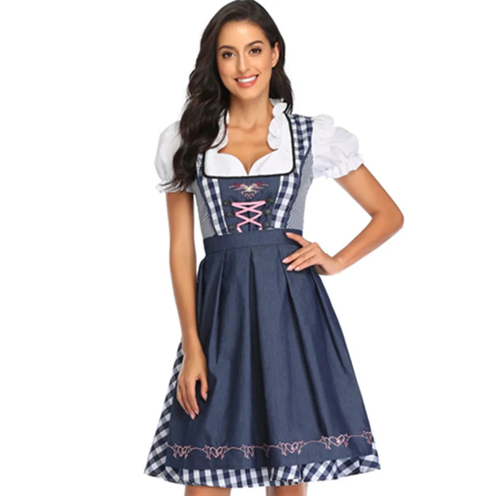 Classic Lady Oktoberfest Costume Bavarian Dirndl Apron Short Sleeve Plaid Dress Cosplay Outfit Halloween Fancy Party Dress