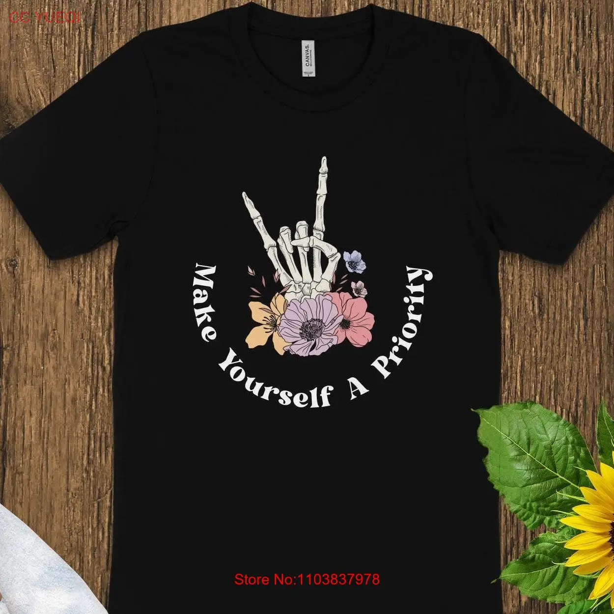 Rock Hand Skeleton with Flowers Make Yourself a Priority T Shirt Cool Unique for Men and Women Trendy Design