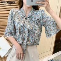 top woman summer blouse 2022 new floral bow chiffon shirts loose plus size short sleeve fashion women shirt female blusas mujer