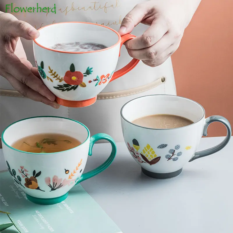 

Creative Floral Flowers Breakfast Cup Hand-painted Coffee Tea Mug Drinkware Home Milk Oats Breakfast Water Cup Large Capacity