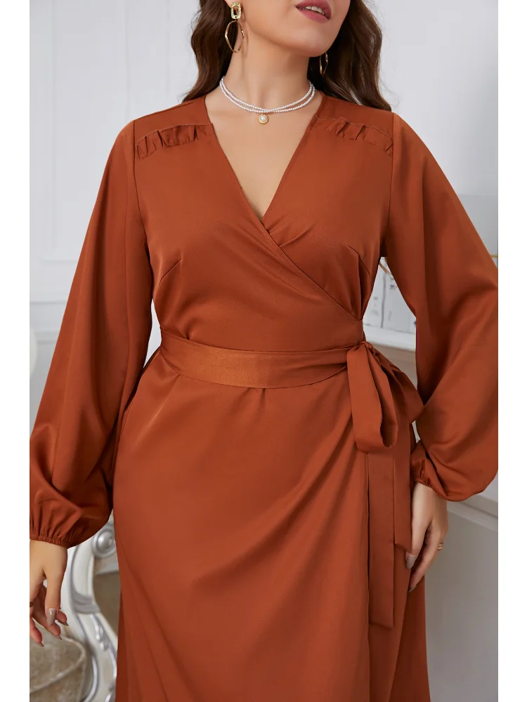 Long Sleeve Large One Piece Waist Wrap Dress plus size women clothing  vestido feminino v neck dress