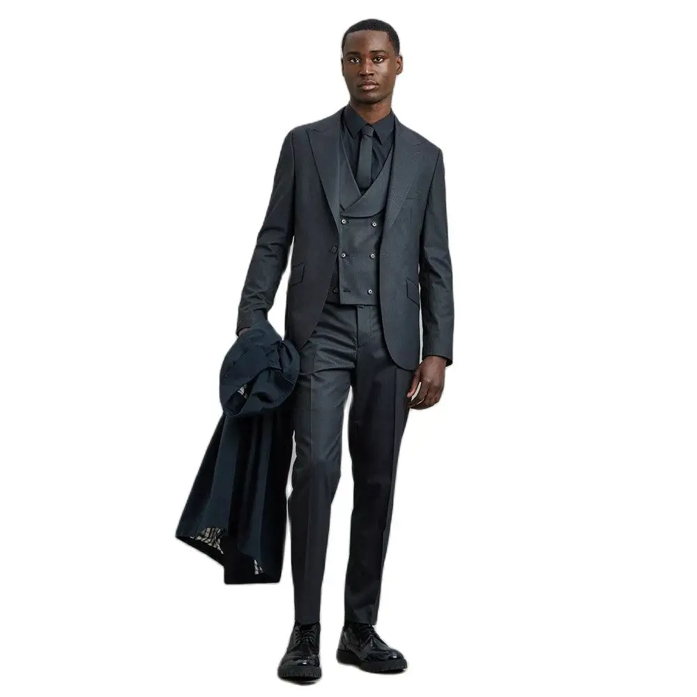 

Мужские костюмы темно-серого цвета с лацканами, облегающие костюмы из 3 предметов для свадьбы, для жениха, лучшего мужчины, официальная одежда, индивидуальный пошив, большие размеры, Блейзер, жилет, брюки