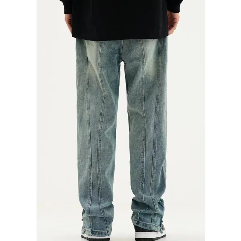 Streetwear Men High Street Stitching Loose Straight Jeans New Distressed Vintage Light Side Zipper Trousers Autumn and Winter