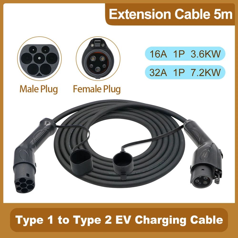 

EV Charging Cable Type 1 to Type 2 EVSE 5M Cable 3.6KW 7.2KW 16A 32A Single Phase for Electric Vehicle Cars Accessories