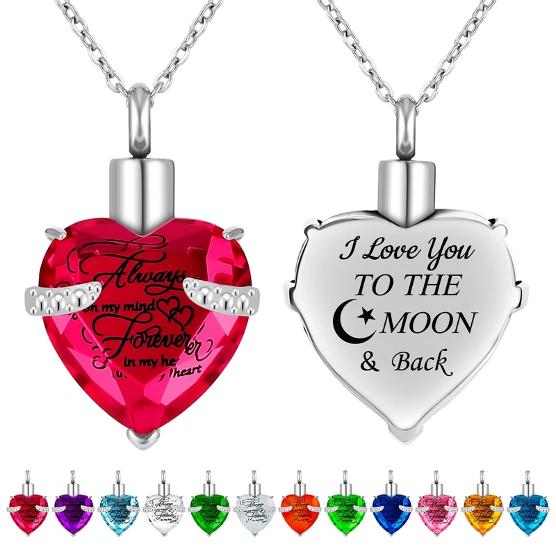 

12 Birthstone Love Heart Urn Necklace For Women Cremation Jewelry For Ashes Human Keepsake Memorial Jewelry Clavicle Chain