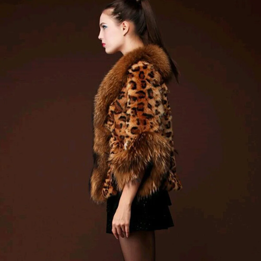 201 Leopard Print Faux Fur Short Coat Winter Women's Fashion Unique Big Fur Collar Female Warm Fluffy Coat