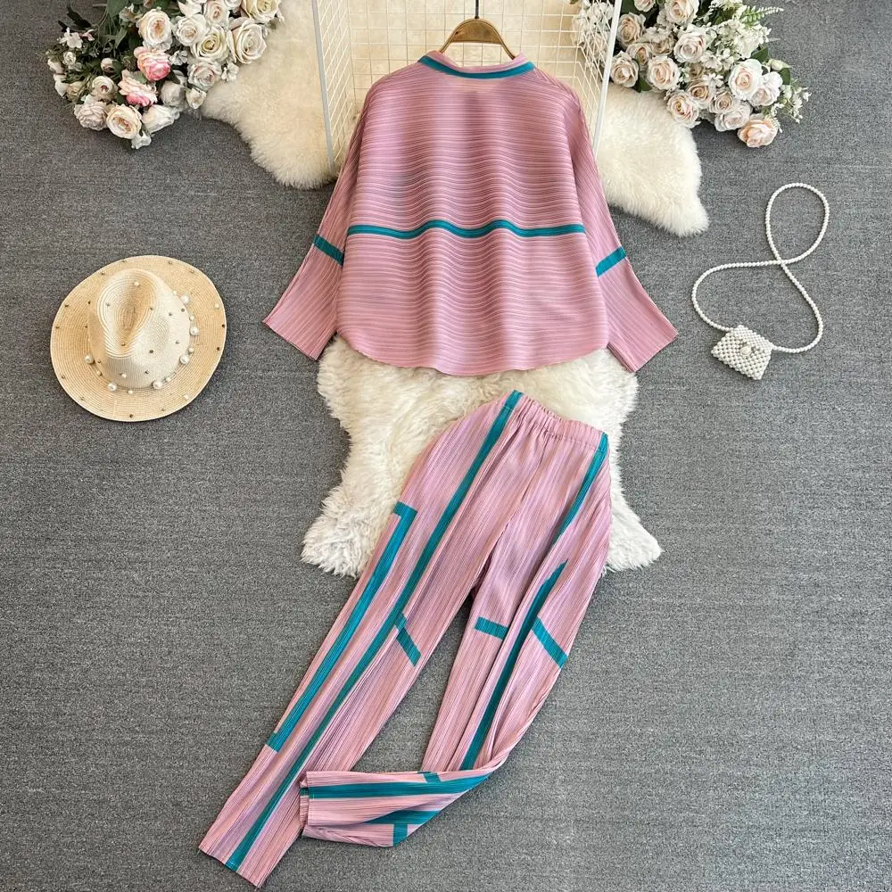 Женский костюм с отложным воротником Miyake Свободный Топ рукавами-воланами и