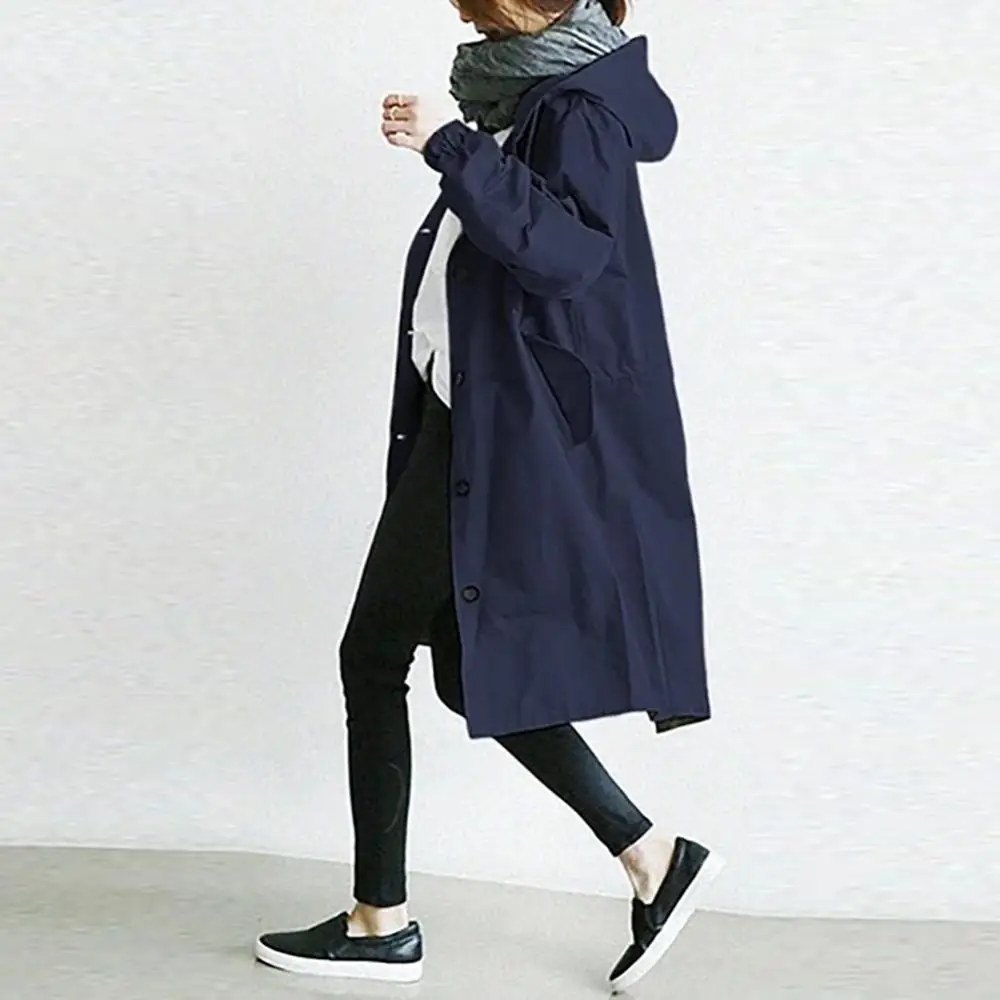 

Women Autumn Fashion Solid Color Pocket Hooded Windbreaker Long Trench Coat Outerwear 2021 Hot Simple Style Windcheaters