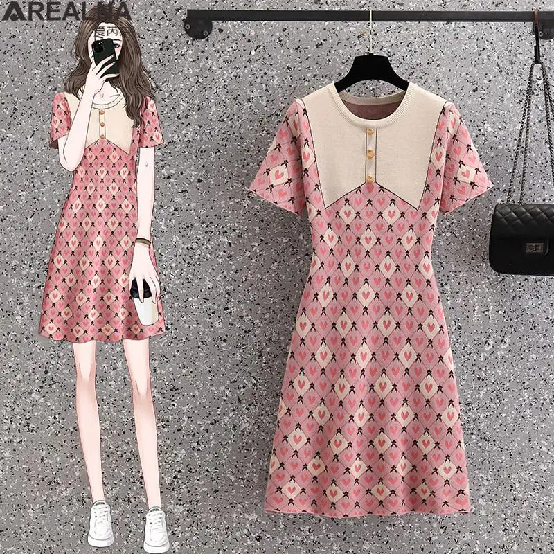 

Summer Knitted dresses for women 2022 French Vintage Fragrance short Sleeve pink plaid dress Elegant A-line party dress Vestidos