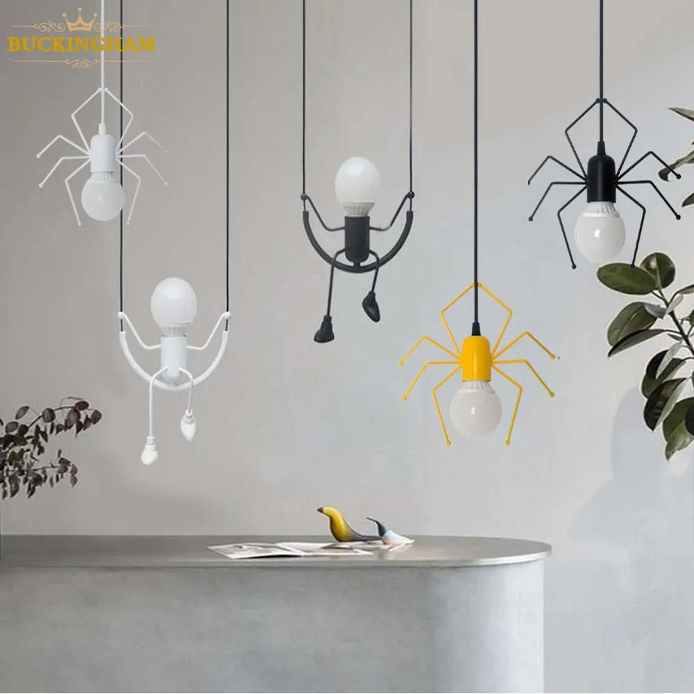 Pendant Light Nordic Little Man Spider Hanging Lamp Iron Swing Lamps Retro Loft Lighting LED Fixture for Kids Room Coffee Bar