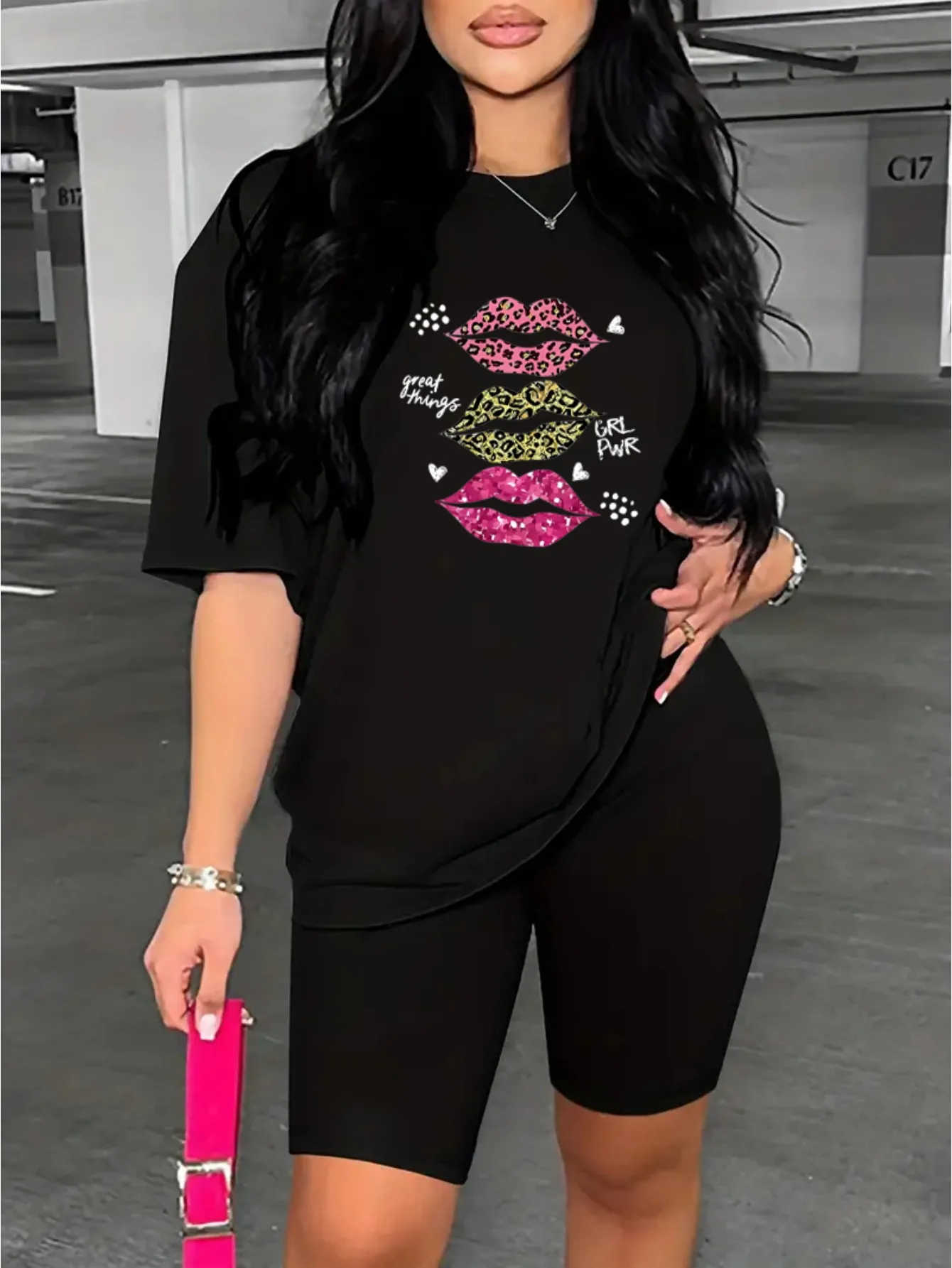 Женская повседневная футболка с короткими рукавами и шортами принтом губ букв