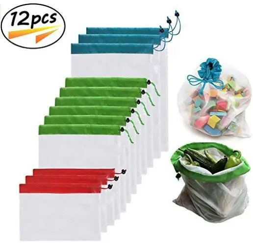 

12PCS Portable Reusable Grocery Bags Fruit Vegetable Toy Storage Polyester Nylon Mesh Bag Washable Mesh Organic Handbag