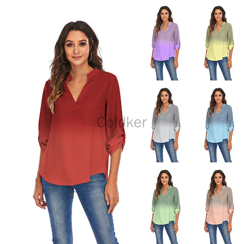 

2021 Fall Women's Shirts V-neck Long-sleeve Pocket Loose Chiffon Shirt Fashion Casual Gradual Change Color Maxi Size Ladies Tops