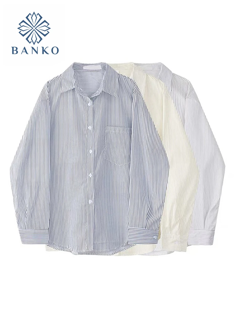 

Shirts Women Elegant BF Couple Clothes Temperament Loose Leisure Striped Womens Shirt Korean Style Turn-down Collar Pockets Chic
