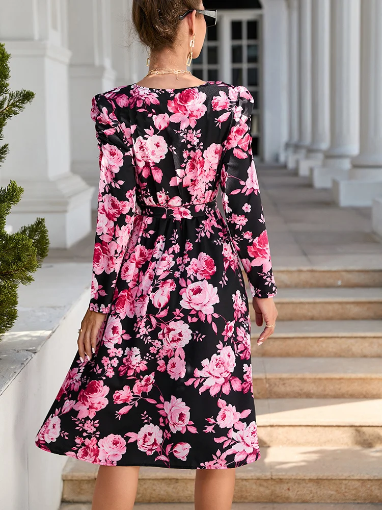 

Casual slim fashion sexy elegant 2023 new dress, Elegant Floral Wrap Midi Dress Women Spring Casual Puff Sleeve Bandage Slit Dre