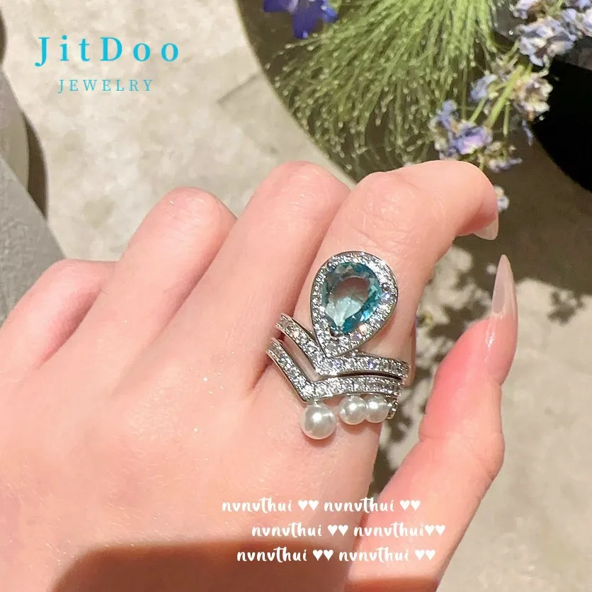 

JitDoo Unique Design Elegant Delicate Luxury Ring Topa Sapphire CZ Pearl Drop Shape Necklace Women Jewelry Party Premium Gift