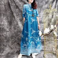 2022 women vintage qipao classic chinese cotton linen qipao dress vintage improved flower print dress oriental chongsam dress