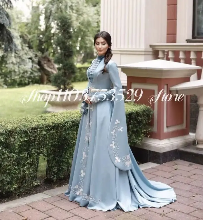 Blue Arabian Bridal Wedding Dresses Luxury High Neck Muslim Caucasian Ethnic فساتين للمناسبات الخاصة