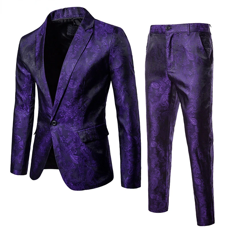 Purple Paisley Floral Gilding One Button Suit ( Jacket+Pants) Men Stage Party Weeding Tuxedo Blazer Men
