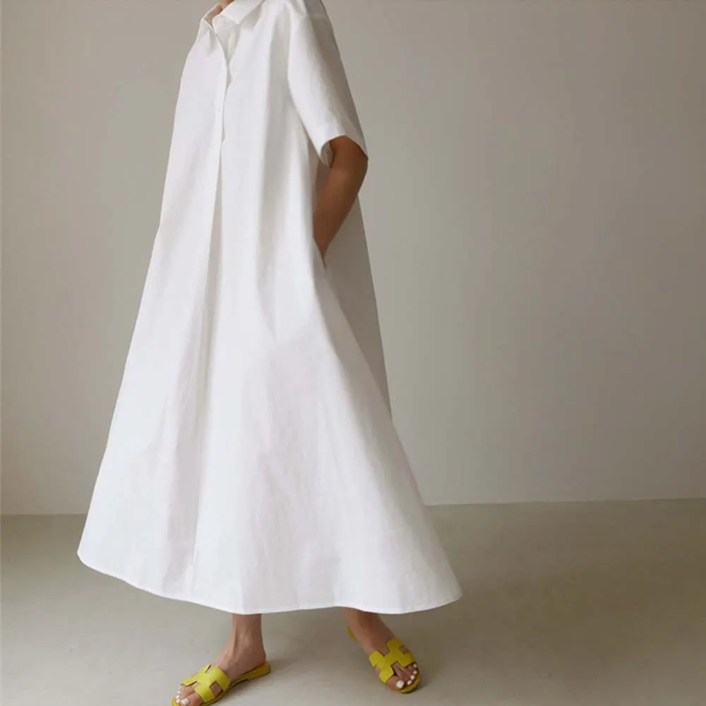 

Женское длинное платье-рубашка с коротким рукавом, свободная тонкая трапециевидная юбка до колен, повседневная универсальная юбка в Корейс...