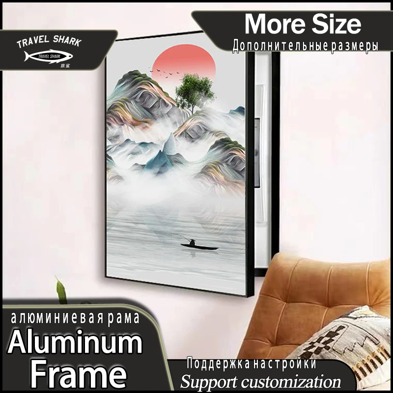

Home Living Room Decorative Chinese Style Sailing Vertical Side Open Electric Box Painting Mural With Frame Free Punch Modern