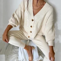 2022 womens winter set knitting two piece set women sweaters v neck flower female suit cardigan pants fashion cold clothes set
