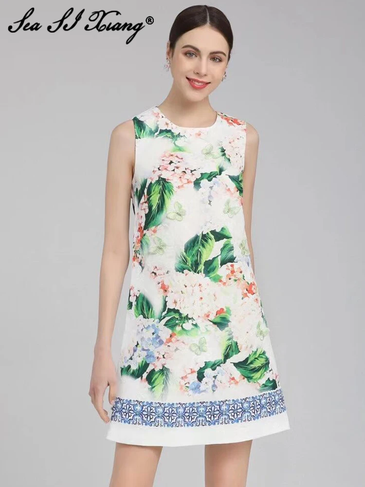 

Seasixiang Luxury Crystal Beading Vintage Mini Dress Women O-Neck Flower Print Butterfly Embroidery Vacation Dresses Summer New