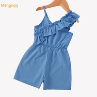 children summer ruched solid blue sling ruffled outfits kids jumpsuits baby princess fashion clothing overalls 4 7y